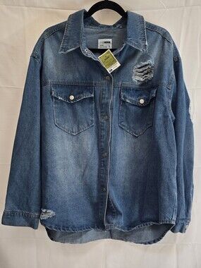 Cisono Distressed Denim Shacket Size L NWT Oversized Jean Shirt Jacket